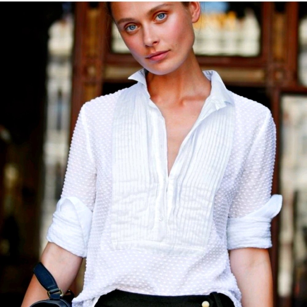 J. Crew White Swiss Dot Long Sleeve Shirt - SZ 10